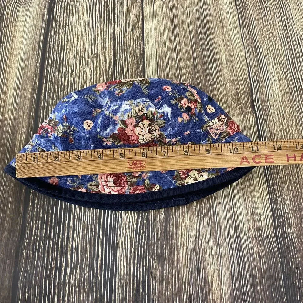 New Era Floral Print Denim Bucket Hat Sz XL Blue/Pink Cotton Blend